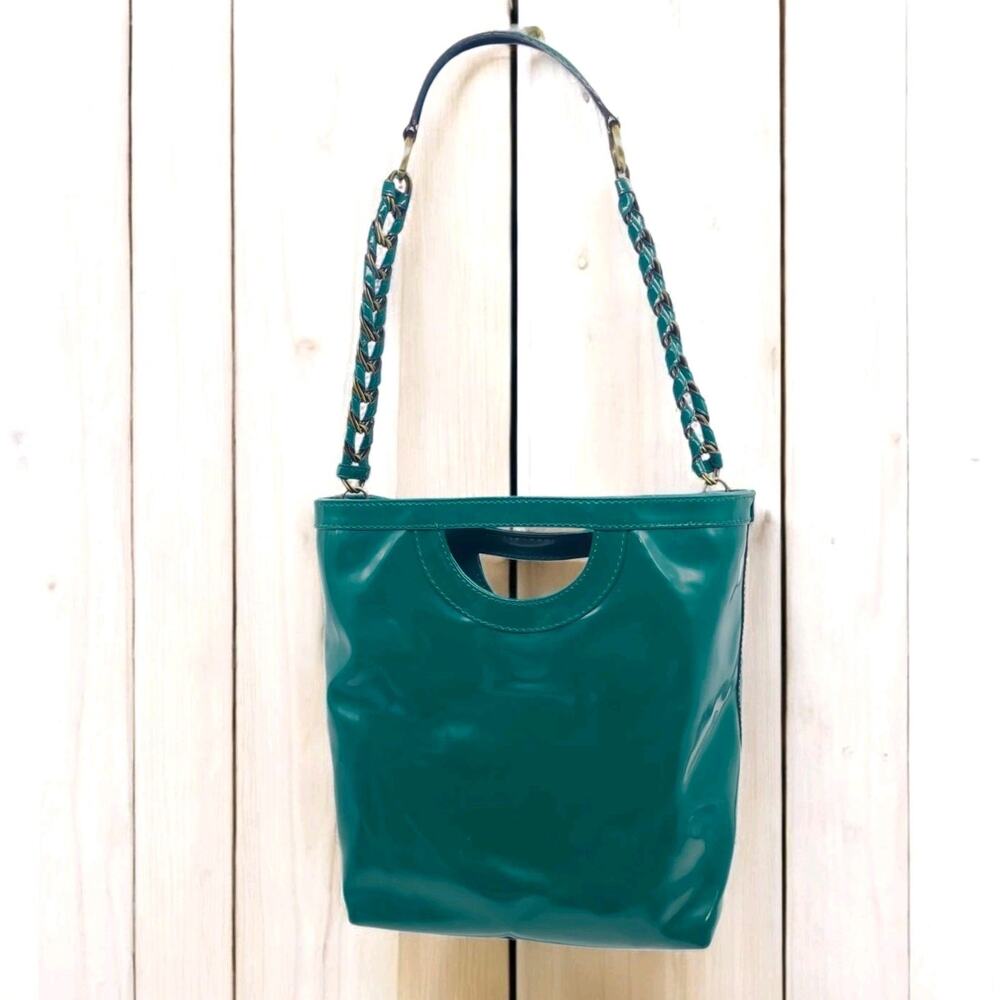 Gianni Bini Purse Shoulder Bag Green Faux Patent Leather Chain Strap